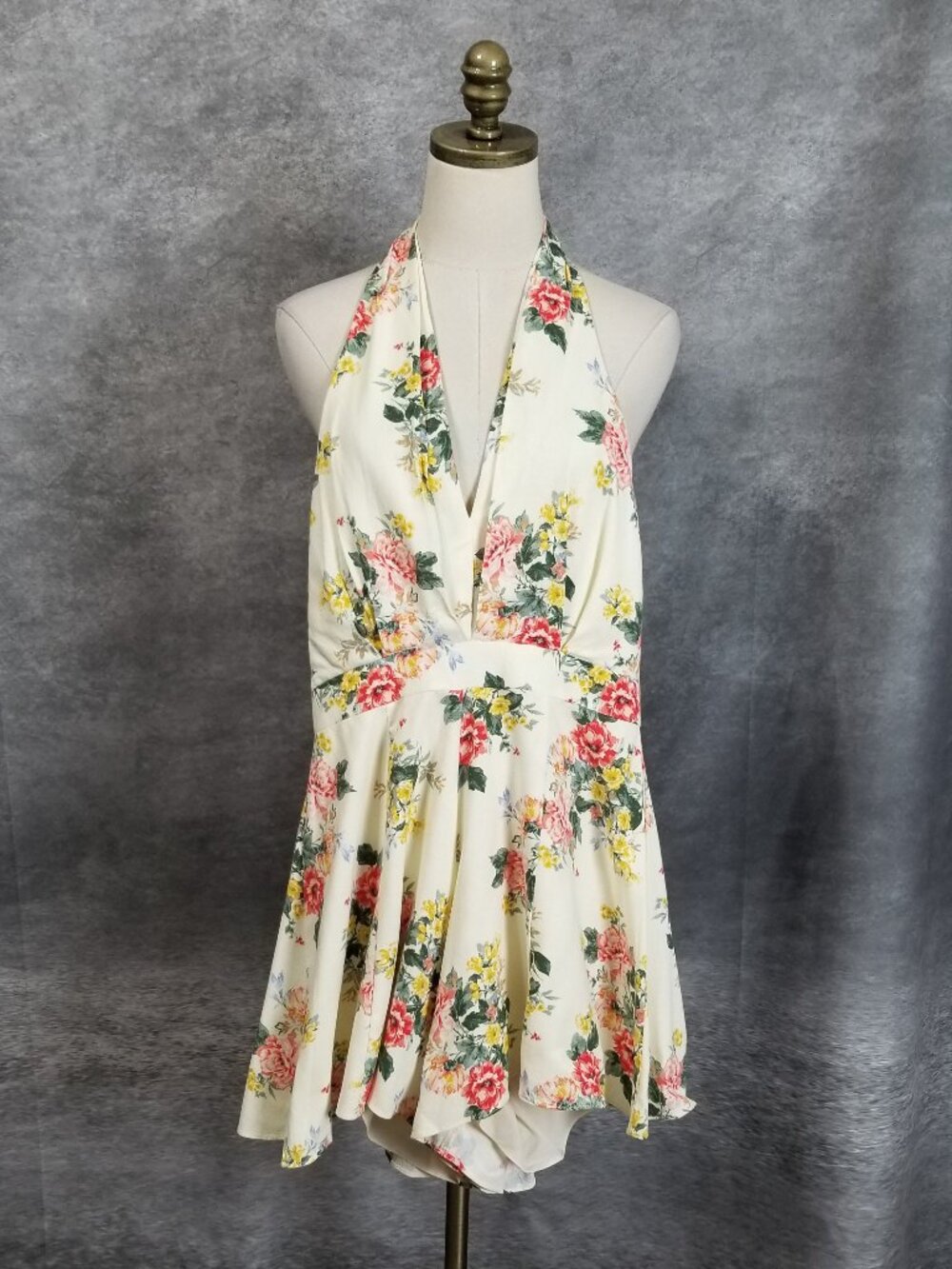 DO + BE Floral Halter Romper Linen Blend Skort Dress Size S V-Neck Backless Boho